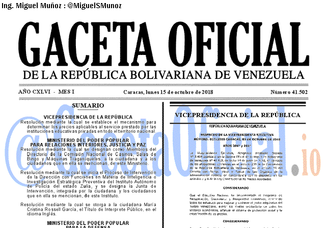 Gaceta Oficial 41502 del 15 Octubre 2018 Gaceta Oficial 41502 del 15 Octubre 2018