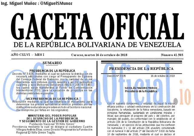 Gaceta Oficial 41503 del 16 Octubre 2018