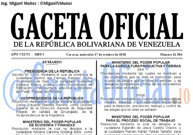 Gaceta Oficial 41504 del 17 Octubre 2018 Gaceta Oficial 41504 del 17 Octubre 2018