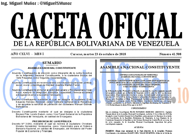 Gaceta Oficial 41508 del 23 Octubre 2018 Gaceta Oficial 41508 del 23 Octubre 2018