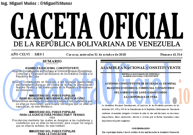 Gaceta Oficial 41514 del 31 Octubre 2018 Gaceta Oficial 41514 del 31 Octubre 2018