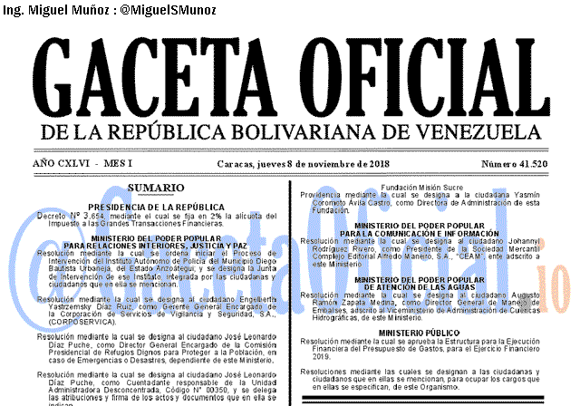 Gaceta Oficial 41520 del 8 Noviembre 2018 Gaceta Oficial 41520 del 8 Noviembre 2018