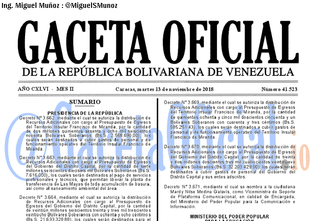 Gaceta Oficial 41523 del 13 Noviembre 2018 Gaceta Oficial 41523 del 13 Noviembre 2018