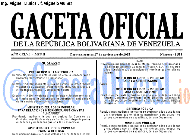 Gaceta Oficial 41533 del 27 Noviembre 2018 Gaceta Oficial 41533 del 27 Noviembre 2018