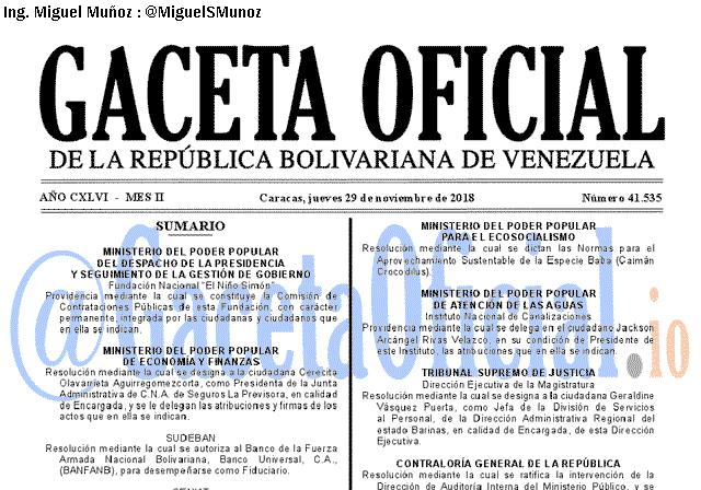Gaceta Oficial 41535 del 29 Noviembre 2018 Gaceta Oficial 41535 del 29 Noviembre 2018