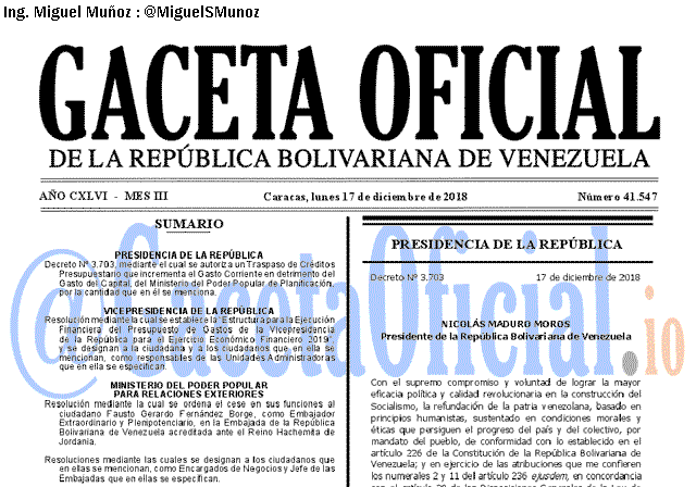 Gaceta Oficial 41547 del 17 Diciembre 2018 Gaceta Oficial 41547 del 17 Diciembre 2018