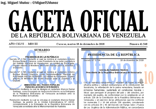 Gaceta Oficial 41548 del 18 Diciembre 2018 Gaceta Oficial 41548 del 18 Diciembre 2018