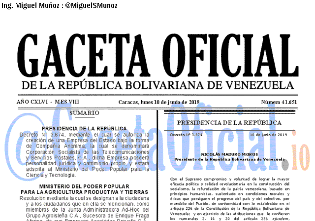Gaceta Oficial 41651 del 10 Junio 2019 Gaceta Oficial 41651 del 10 Junio 2019