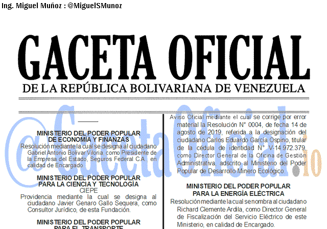 Gaceta Oficial 41717 del 16 septiembre 2019 Gaceta Oficial 41717 del 16 septiembre 2019