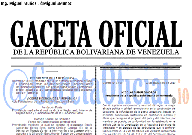 Gaceta Oficial 41722 del 23 septiembre 2019 Gaceta Oficial 41722 del 23 septiembre 2019