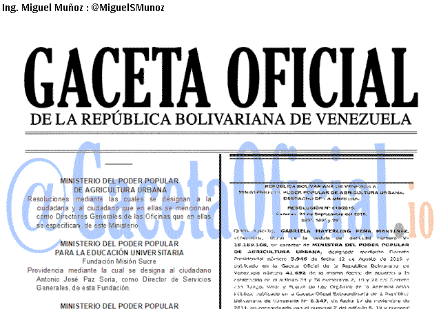 Gaceta Oficial 41728 del 1 Octubre 2019 Gaceta Oficial 41728 del 1 octubre 2019