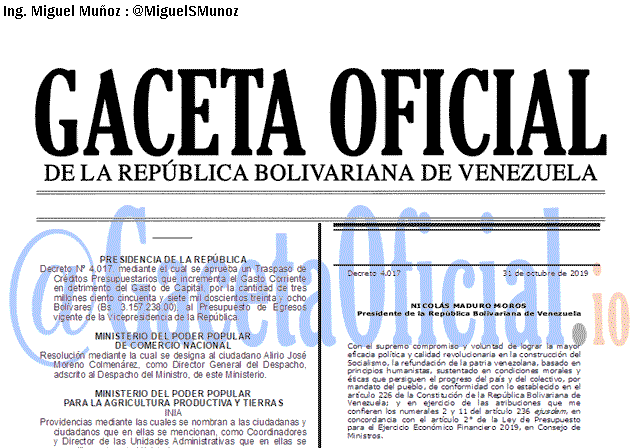 Gaceta Oficial 41750 del 31 Octubre 2019 Gaceta Oficial 41750 del 31 octubre 2019