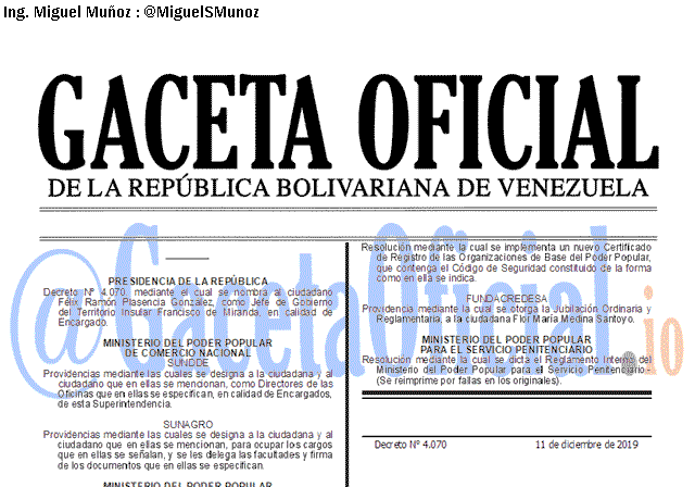 Gaceta Oficial 41779 del 11 Diciembre 2019