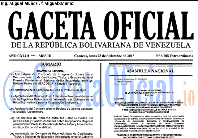 Gaceta Oficial 6207 del 28 diciembre 2015 Gaceta Oficial 6208 del 28 diciembre 2015