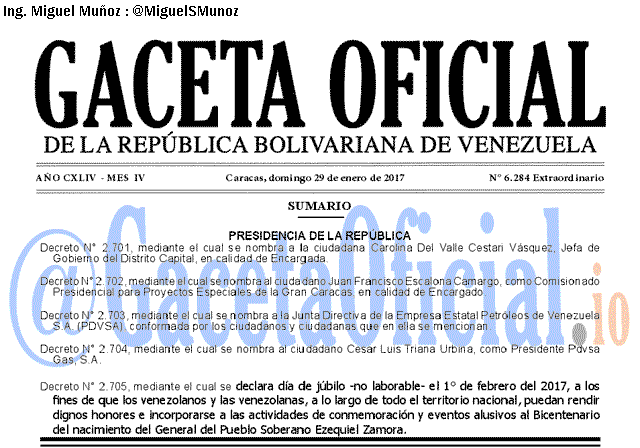 Gaceta Oficial 6184 del 29 enero 2017 Gaceta Oficial 6284 del 29 enero 2017