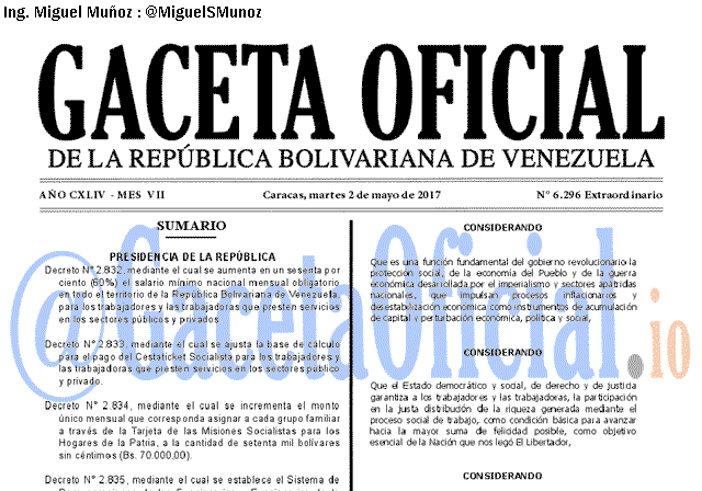 Gaceta Oficial 6296 del 2 mayo 2017 Gaceta Oficial 6296 del 2 mayo 2017