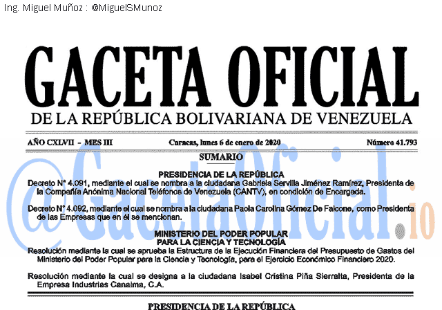 Gaceta Oficial 41793 del 6 Enero 2020