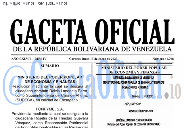 Gaceta Oficial 41798 del 13 Enero 2020 Gaceta Oficial 41798 del 13 Enero 2020