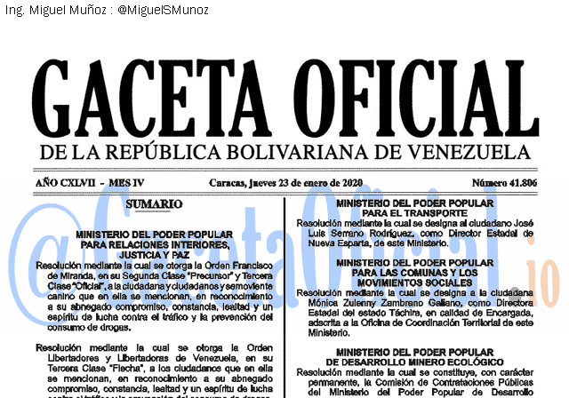 Gaceta Oficial 41806 del 23 Enero 2020 Gaceta Oficial 41806 del 23 Enero 2020