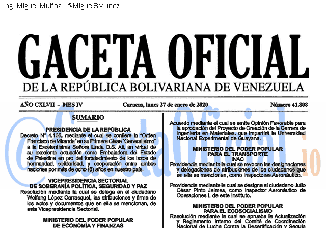 Gaceta Oficial 41808 del 27 Enero 2020