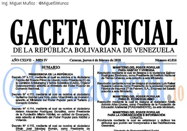 Gaceta Oficial 41816 del 6 febrero 2020 Gaceta Oficial 41816 del 6 febrero 2020