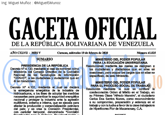 Gaceta Oficial 41825 del 19 febrero 2020 Gaceta Oficial 41825 del 19 febrero 2020