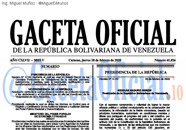 Gaceta Oficial 41826 del 20 febrero 2020 Gaceta Oficial 41826 del 20 febrero 2020