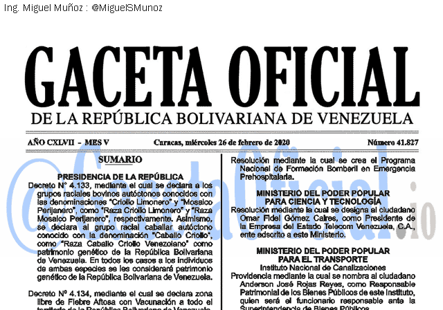 Gaceta Oficial 41827 del 26 febrero 2020
