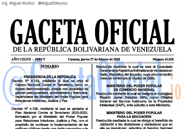 Gaceta Oficial 41828 del 27 febrero 2020 Gaceta Oficial 41828 del 27 febrero 2020