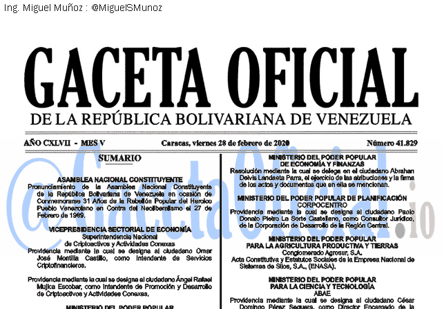 Gaceta Oficial 41829 del 28 febrero 2020 Gaceta Oficial 41829 del 28 febrero 2020