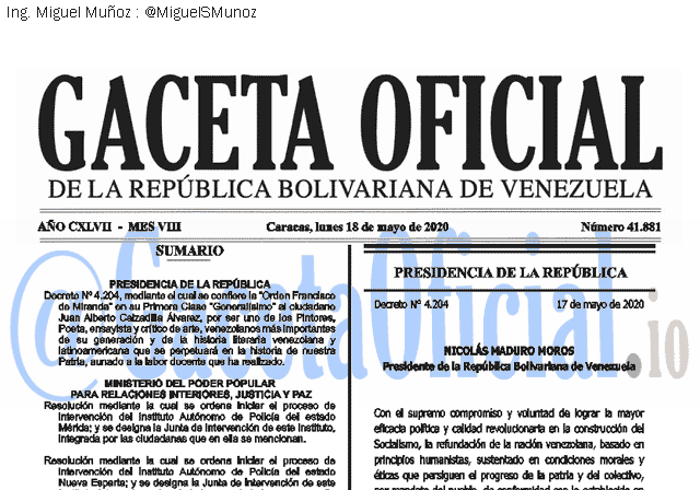 Gaceta Oficial 41881 del 18 mayo 2020