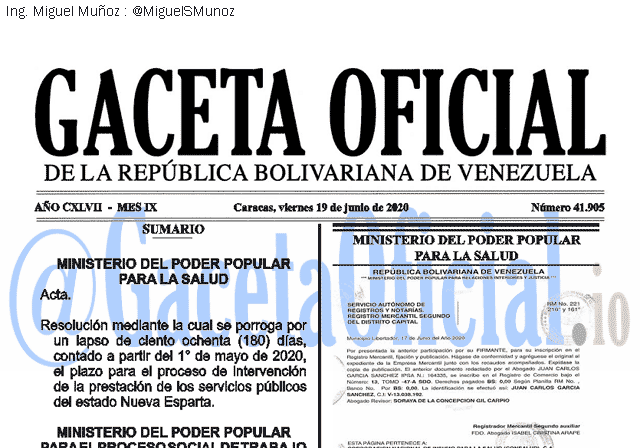 Gaceta Oficial 41905 del 19 junio 2020 Gaceta Oficial 41905 del 19 junio 2020