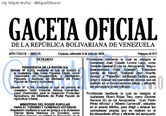 Gaceta Oficial 41917 del 8 julio 2020 Gaceta Oficial 41917 del 8 julio 2020