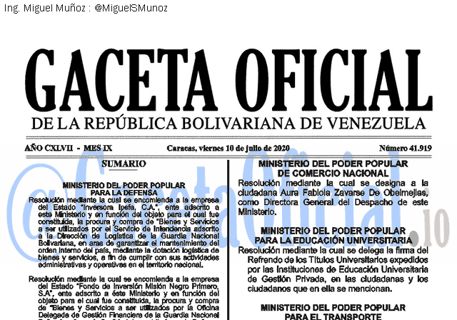 Gaceta Oficial 41919 del 10 julio 2020 Gaceta Oficial 41919 del 10 julio 2020