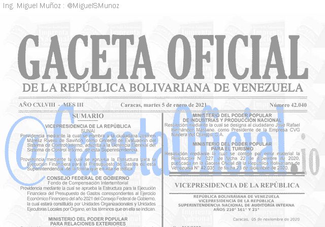 Gaceta Oficial 42040 del 5 Enero 2021 Gaceta Oficial 42040 del 5 Enero 2021