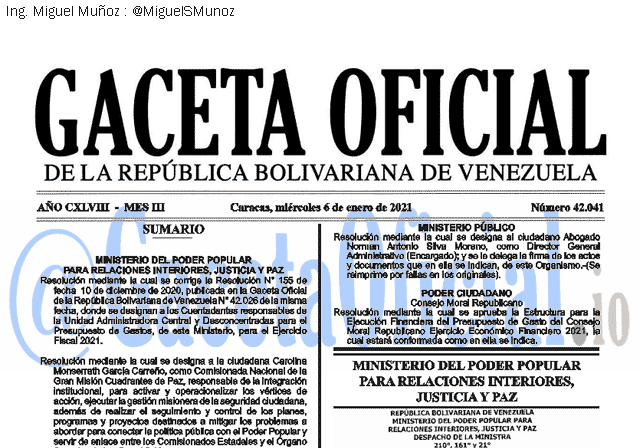 Gaceta Oficial 42041 del 6 Enero 2021 Gaceta Oficial 42041 del 6 Enero 2021