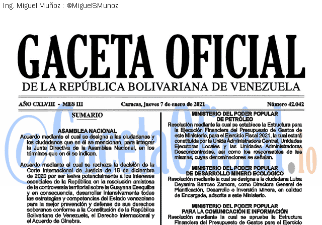 Gaceta Oficial 42042 del 7 Enero 2021 Gaceta Oficial 42042 del 7 Enero 2021