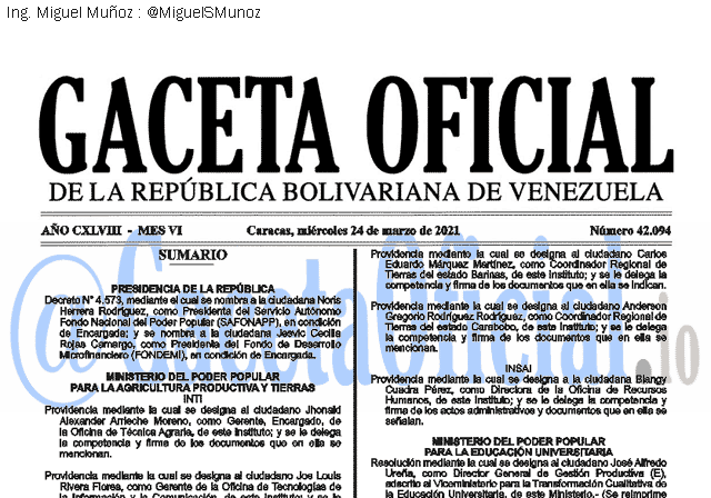 Gaceta Oficial 42094 del 24 marzo 2021 Gaceta Oficial 42094 del 24 marzo 2021