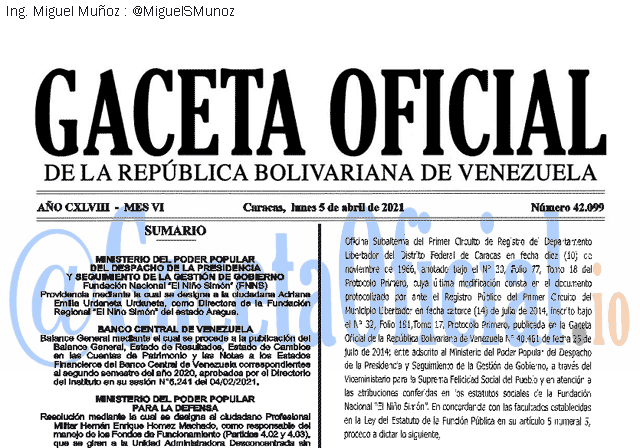 Gaceta Oficial 42099 del 5 abril 2021 Gaceta Oficial 42099 del 5 abril 2021