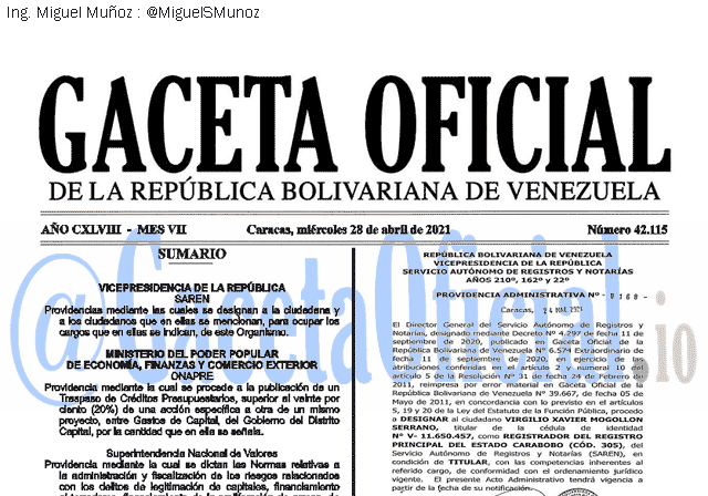 Gaceta Oficial 42115 del 28 abril 2021