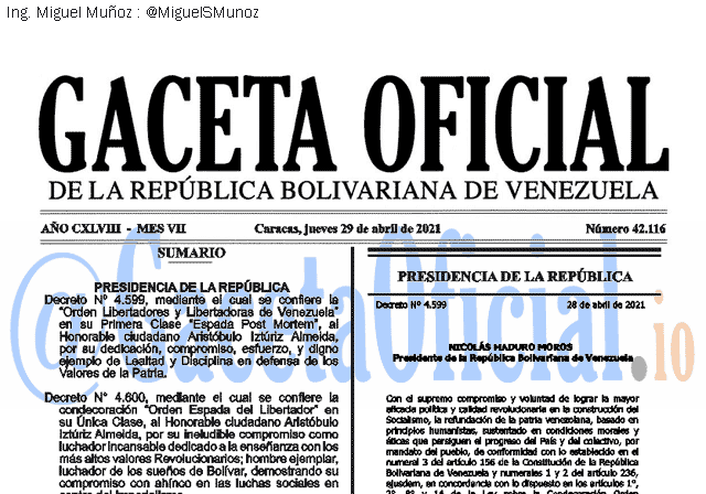 Gaceta Oficial 42116 del 29 abril 2021