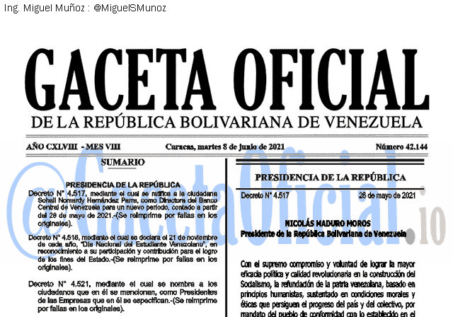 Gaceta Oficial 42144 del 8 junio 2021 Gaceta Oficial 42144 del 8 junio 2021