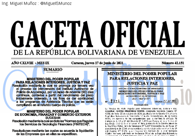Gaceta Oficial 42151 del 17 junio 2021 Gaceta Oficial 42151 del 17 junio 2021