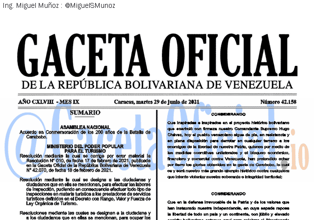 Gaceta Oficial 42158 del 29 junio 2021 Gaceta Oficial 42158 del 29 junio 2021