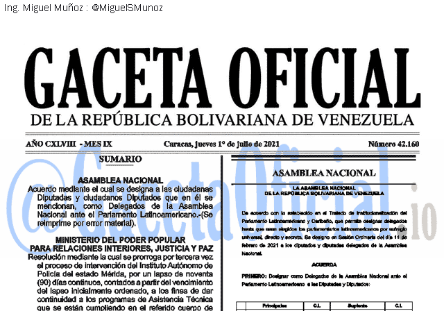 Gaceta Oficial 42160 del 01 julio 2021