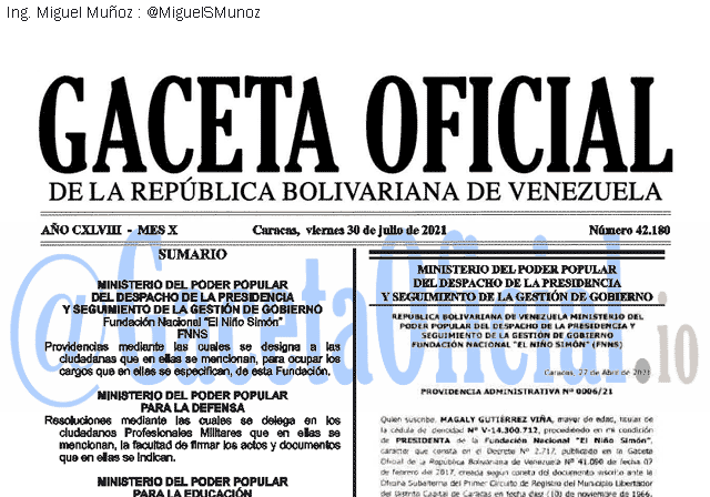 Gaceta Oficial 42180 del 30 julio 2021 Gaceta Oficial 42180 del 30 julio 2021