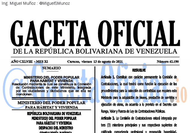 Gaceta Oficial 42190 del 13 agosto 2021 Gaceta Oficial 42190 del 13 agosto 2021