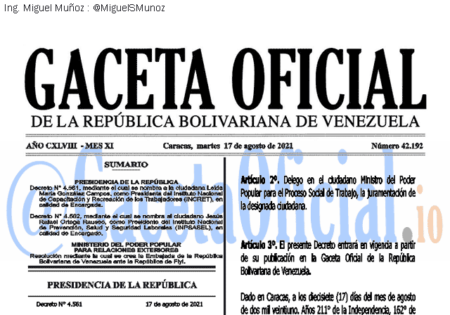 Gaceta Oficial 42192 del 17 agosto 2021 Gaceta Oficial 42192 del 17 agosto 2021