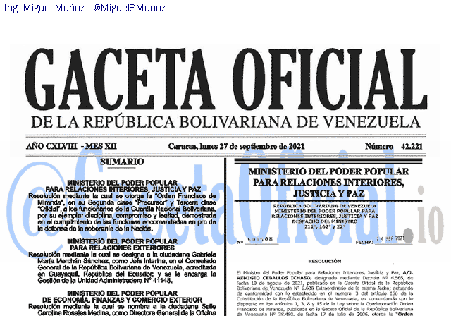 Gaceta Oficial 42221 del 27 septiembre 2021 Gaceta Oficial 42221 del 27 septiembre 2021