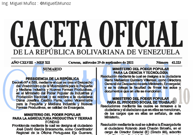 Gaceta Oficial 42223 del 29 septiembre 2021 Gaceta Oficial 42223 del 29 septiembre 2021
